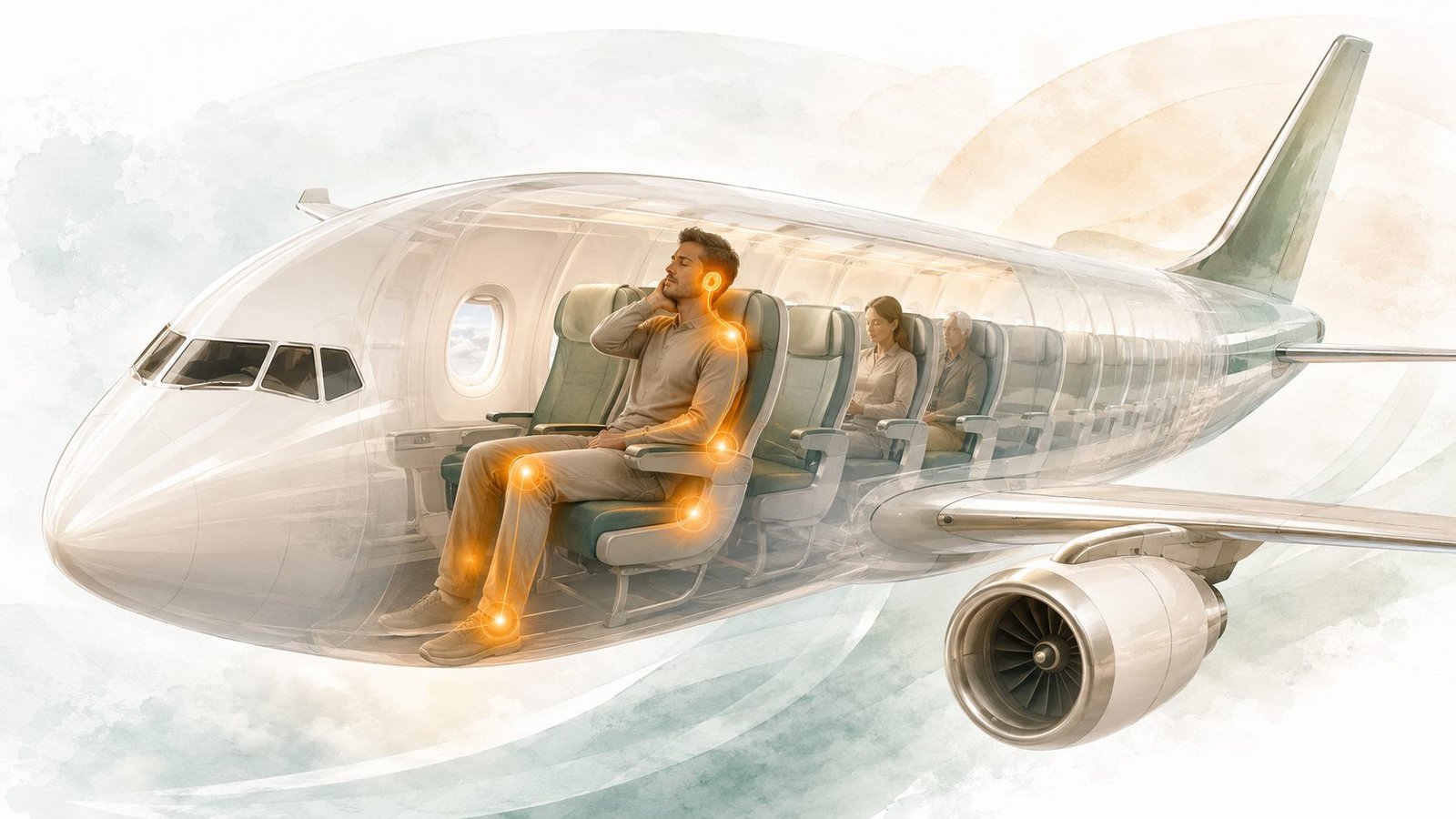 Confort et douleurs en avion avec zones de tension pendant le vol