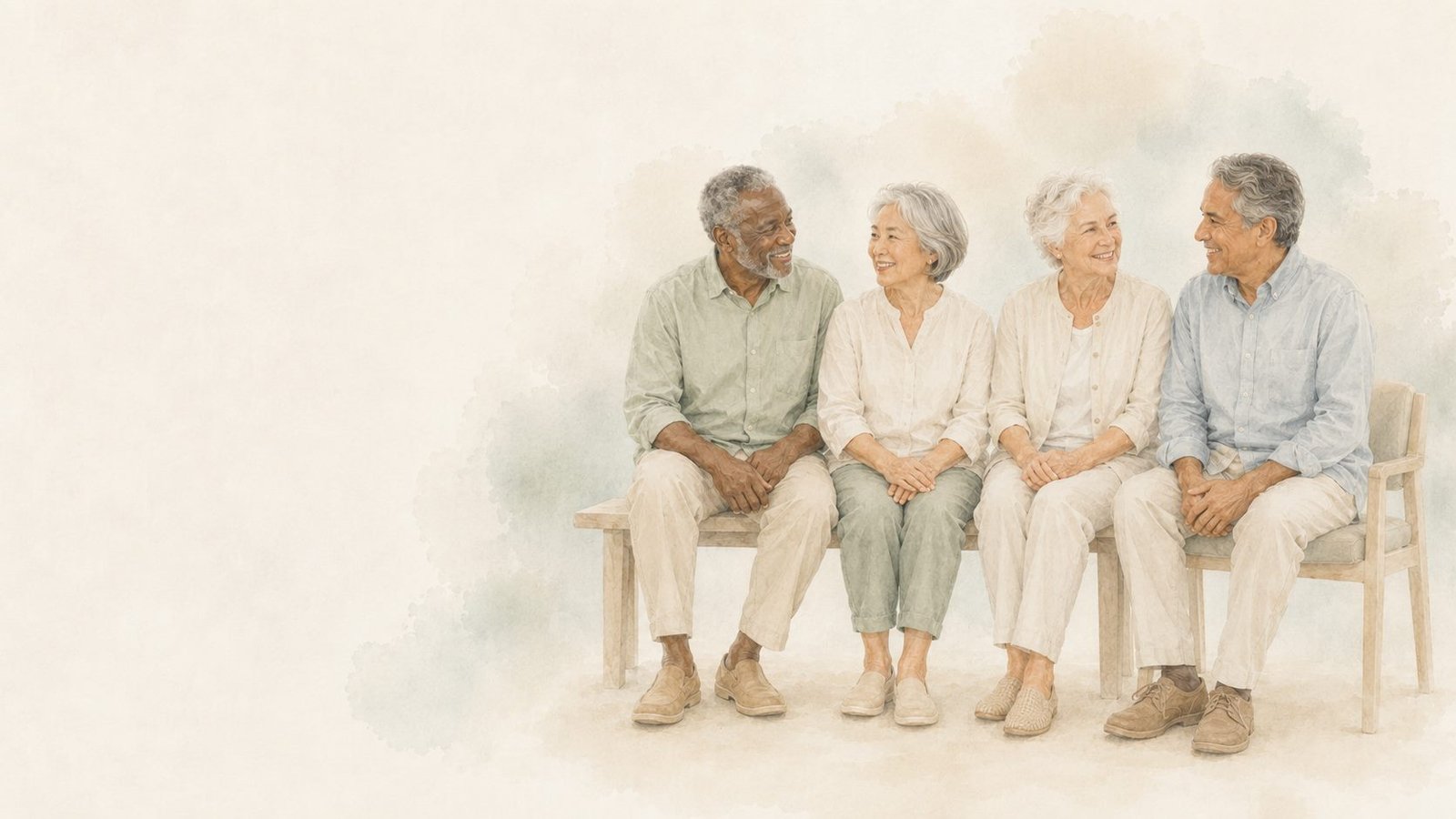 Illustration de personnes séniors souriantes accompagnées avec douceur