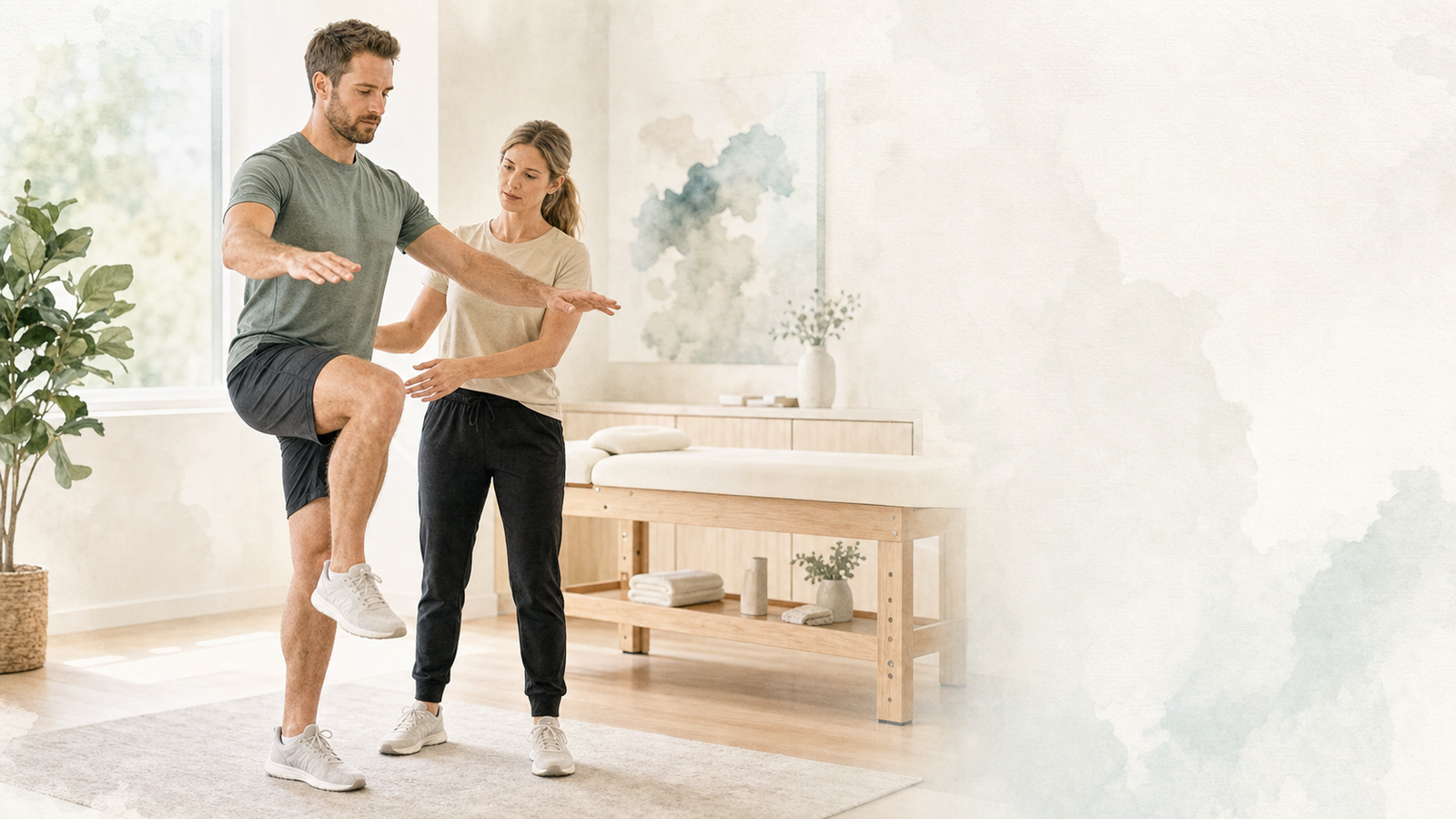 Sportif travaillant son équilibre sous le regard d'une praticienne