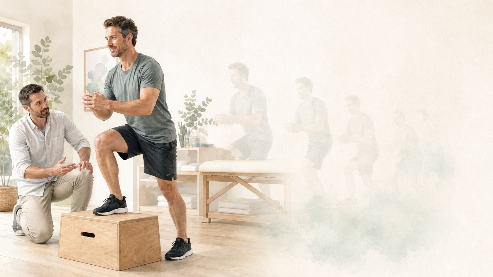 Sportif reprenant progressivement un exercice sous la supervision d'un praticien